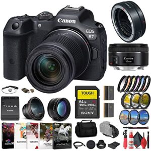 Canon EOS R7 Mirrorless Camera with 18-150mm Lens + EF 50mm Lens + Mount Adapter + 64GB Card + Filter Kit + Wide Angle & Telephoto Lenses + More (Renewed)