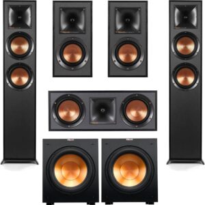 Klipsch Reference 5.2 Dolby Atmos Home Theater System with R-625FA Floorstanding Speakers, R-52C Center, R-41M Surrounds & 2X R-12SW 12″ Powered Subwoofer, Black (Speaker System + 2X Subwoofers)