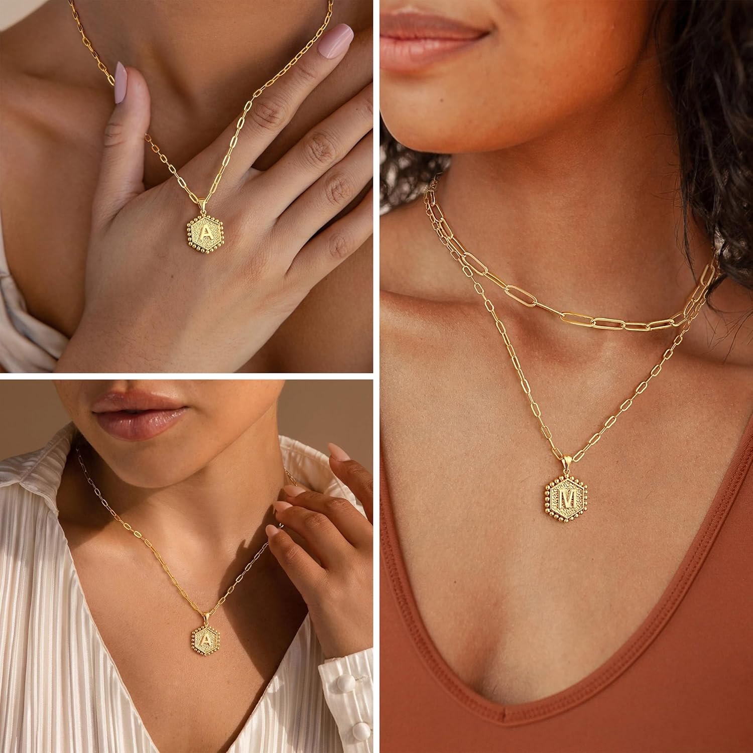 M MOOHAM Dainty Initial Necklaces for Women, 14K-Gold-Plated Layering Necklace for Women Cute Hexagon Letter Initial Necklace Layered Necklaces for Womens Teen Girls Valentines Day Gifts - Image 4