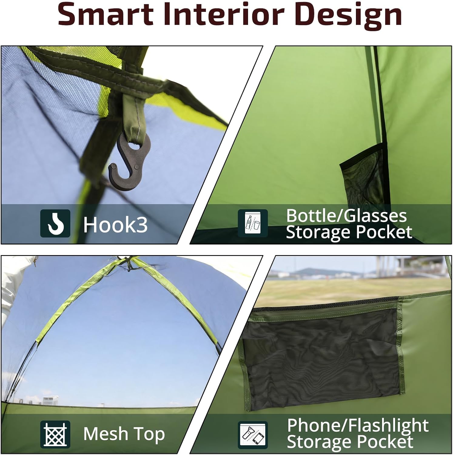 Golabs CT1 2 Person Camping Tent, Easy Set Up in 3 Mins, PU1500mm Waterproof w/Mesh Top & Door with Ventilation, Lightweight 4.4lbs Portable Family Tent with Carry Bag &Interior Storage Pockets &Hook - Image 4