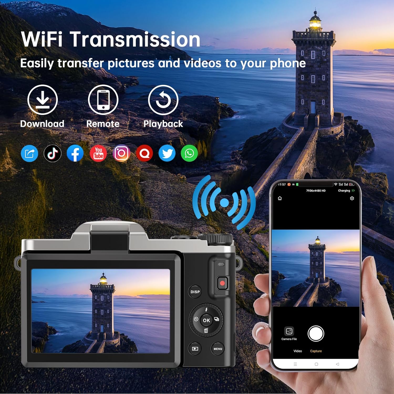 4K Digital Camera for Photography with WiFi 64MP Auto-Focus Vlogging Camera for YouTube Video 3'' 180° Flip Screen 4K Cameras 16X Zoom Anti-Shake Compact Point and Shoot Cameras with SD Card - Image 3