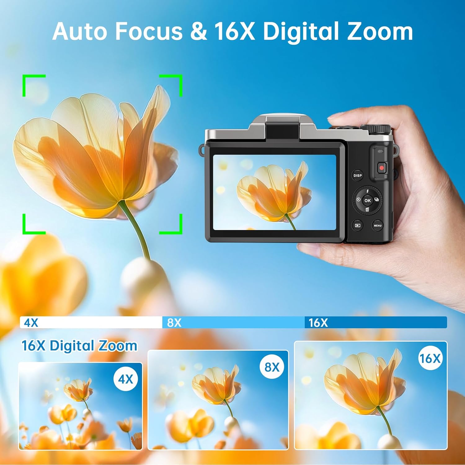 4K Digital Camera for Photography with WiFi 64MP Auto-Focus Vlogging Camera for YouTube Video 3'' 180° Flip Screen 4K Cameras 16X Zoom Anti-Shake Compact Point and Shoot Cameras with SD Card - Image 5