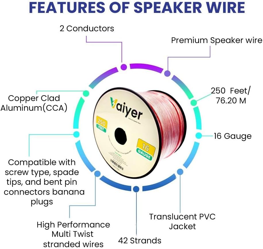 Vaiyer Home Theater System Kit - 7.2 Channel 3500 Watts Bluetooth Amplifier w/ 8 Qty of 5.25" Framed Ceiling Speakers 175W Each, 4-Ch Speaker Selector, Mic, 16 AWG 500 ft Speaker Wire & Remote - Image 9