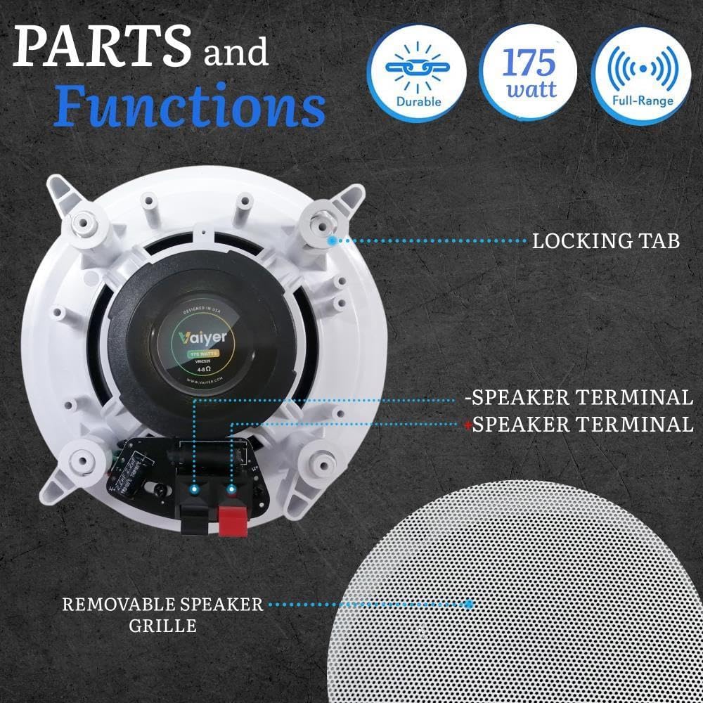 Vaiyer Framed Ceiling Speakers Kit – 8X 5.25” 175W Flush Mount Ceiling Speakers, 7.2 Channel 3500W Bluetooth Amplifier, Mic & 500ft Wire – in Ceiling Speaker System for Home Theater, Office Use - Image 9