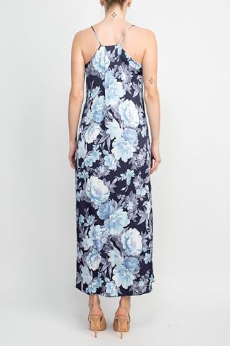 Connected Apparel V-Neck Spaghetti Strap Floral Print Satin Dress with Pockets Navy Blue / 8 - Image 4