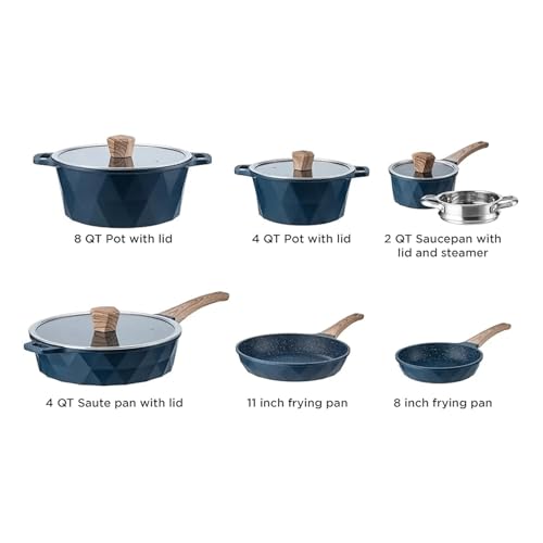 Kitchen Induction Cookware Sets - 13 Piece Nonstick Cast Aluminum Pots and Pans with Handles, Glass Lids (Blue Fits All) - Image 2