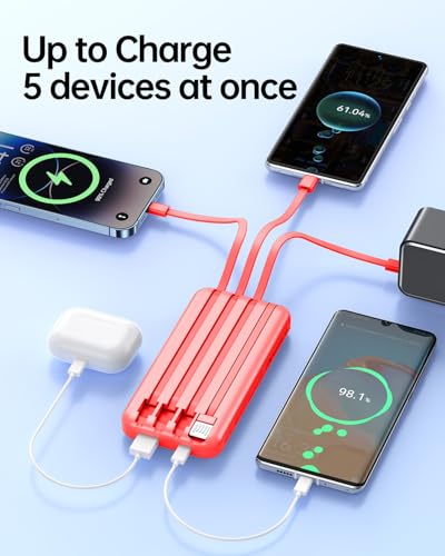 RONEGN Portable Charger with Built in Cable -20000mAh Fast Charging Power Bank USB C Slim 22.5W LED Display Battery Pack 5 Outputs & 3 Inputs for Travel Essentials iPhone Samsung Phones Red - Image 6