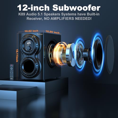 Bobtot Home Theater Sound System 5.1 Surround Sound Systems - 1400 Watts Peak Power 12" Subwoofer Strong Bass 5.1 Wired Home Audio Stereo Sound with Bluetooth ARC Optical Input for TV - Image 2