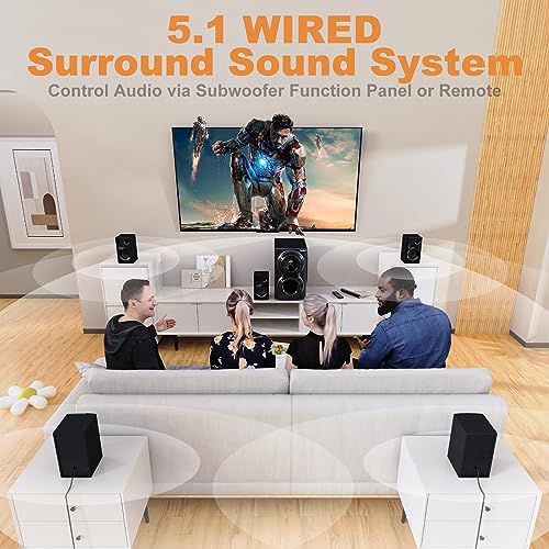 Bobtot Home Theater Sound System 5.1 Surround Sound Systems - 1400 Watts Peak Power 12" Subwoofer Strong Bass 5.1 Wired Home Audio Stereo Sound with Bluetooth ARC Optical Input for TV - Image 4
