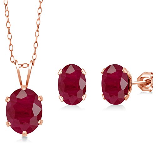 Gem Stone King 3.64 Ct Oval Red Ruby 18K Rose Gold Plated Silver Pendant and Earrings Jewelry Set - Image 4