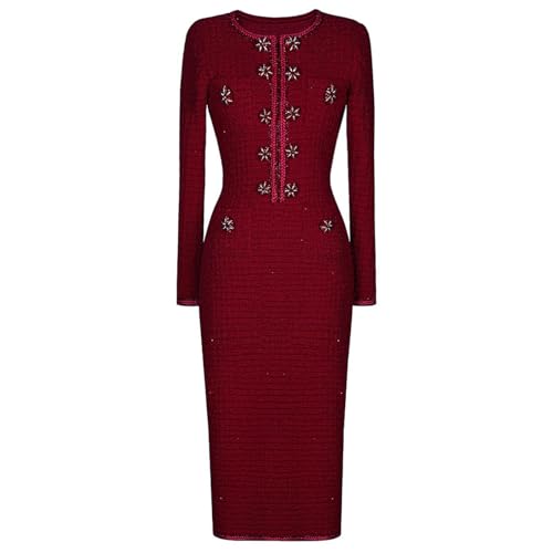 Women Knit Dress Round Neck Slim Fit Long Sleeve Dresses Office Casual-Red-Medium - Image 3