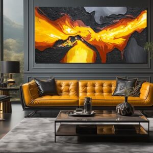 GUGIKA Extra Large Abstract Wall Art for Living Room, Hand Painted 3D Textured Magma Paintings, Black and Gold Yellow Volcanic Lava Canvas Wall-Decor for Bedroom, Size 80×40 Inches