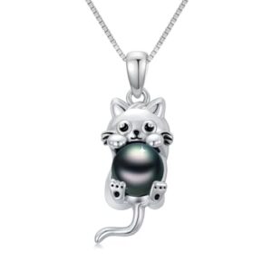 KANNSOAR Tahitian Black Pearl AAAA 18K White Gold Plated Sterling Silver Cute Cat Design Pendant Necklace for Women Wife Mom Girlfriend Her Jewelry Gift for Anniversary Birthday Christmas
