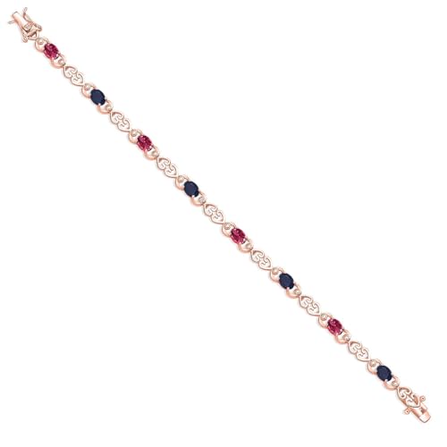 Gemstone Birthstone and Blue Sapphire Heart Link Tennis Bracelet for Women | 18K Rose Gold Plated Silver | Oval 6X4MM | 7.25 Inch Length | Double Locking Fold Over Clasp | Jewelry for Her Mom Wife - Image 3