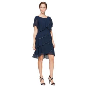 S.L. Fashions Women’s Short Tulip Sleeve Tiered Chiffon Cocktail Dress, Wedding Guest Gown (Petite and Regular Sizes), Navy Beaded Trim Petite, 8P