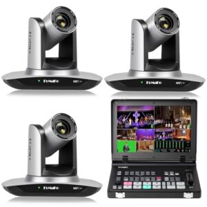FoMaKo 20x Optical Zoom NDI Camera, AI Auto Tracking HDMI PTZ Camera(3pcs), M5 Video Mixer Switcher, for Church Services Worship Education,PTZ Bundle(FMK20UH X3+M5)