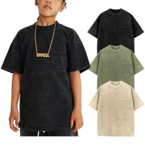 Yimoon 3 Pack Boys Tshirts Kids Oversized T Shirts Cotton Acid Wash Loose Fit T-Shirts Basic Tee Shirts 5-12Y(BlackArmyApricot-13Y)