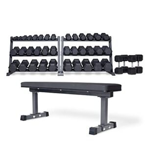 Rep 5-100 lb Rubber Hex Dumbbell Set with (2) 3-Tier Dumbbell Rack and Flat Bench FB-3000 OptionE: 5-100withFlat