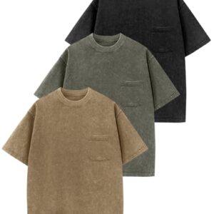 Rousytn 3 Pack Boys Girls Shirts Short Sleeve Acid Washed Cotton T-Shirts Kids Tshirts Summer Tops Tees 5-14 Years(Black,Green,Khaki-S)