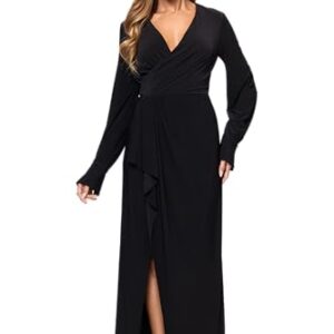 Xscape Women’s Jersey Knit V-Neck Draped Long Sleeve Floor Length Dress, Black