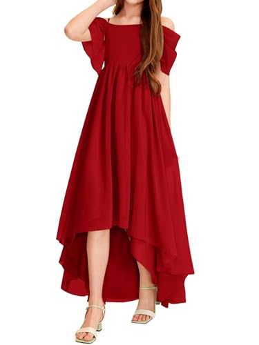Haloumoning Girls Cold Shoulder Dress A-line Asymmetrical Chiffon Junior Bridesmaid Birthday Party Dress Red - Image 4