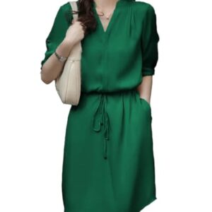 DAISYSILK Women’s Silk Shirt Dress Short Sleeve V Neck Drawstring Waist 90% Mulberry Silk Casual Summer Dress (US, Alpha, Medium, Regular, Regular, Dark Green)
