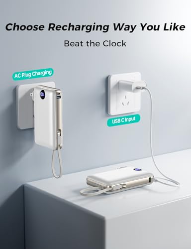 Sucrosey Power Bank, 50000 mAh Portable Charger with Built in Cable & Wall Plug, 22.5W Fast Charging, Travel Essential Battery Pack with LED Display for iPhone 17/16/15/14 Series, Galaxy, iPad White - Image 4