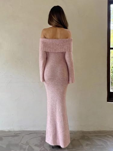 PJYLLND Sleeve Knit Sweater Long Dress Round Neck Women's Fall Winter Fashion Casual Dress Pink - Image 3