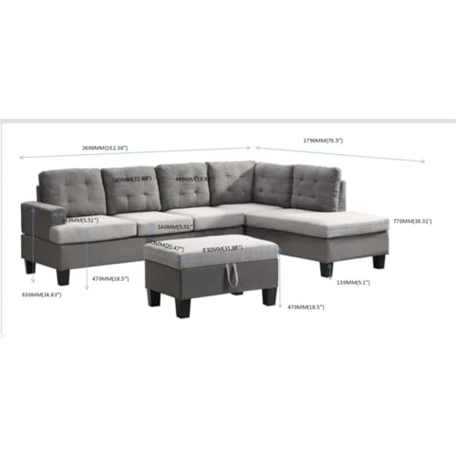 DUYHBAWRS Sofa Set for Living Room with Chaise Lounge and Storage Ottoman Furniture,Interior Furniture, for,Gray - Image 2