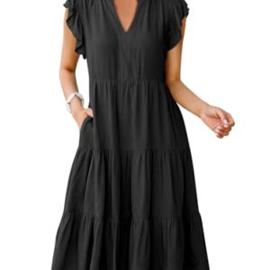 ANRABESS Womens Summer Dress Ruffle Sleeve V Neck Midi Dresses Fashion Casual Fit Flowy Tiered Boho Beach Vacation Sundress Black-L