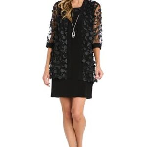 R&M Richards Women’s Elegant 2-Piece 3D Floral Mesh Jacket Dress Set W/Detachable Necklace | Knee-Length Formal Outfit