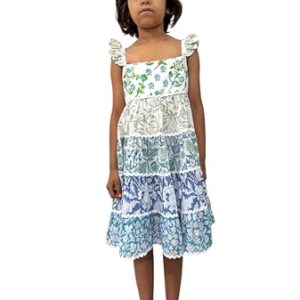 6 Hand Block Printed Cotton Tiered Girl Dress Frill Shoulder Summer Dress with Zigzag Lace