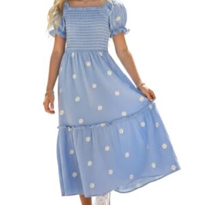 Sunny Spirit Girls Dress Spring Easter Maxi Summer Boho Cute Kids Short Sleeve Dresses for Girl 5-6T Light Blue Floral