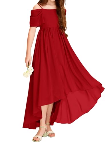Haloumoning Girls Cold Shoulder Dress A-line Asymmetrical Chiffon Junior Bridesmaid Birthday Party Dress Red - Image 5