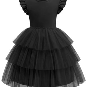 Arshiner Toddler Tutu Dress Girls Fluffy Summer Dresses Casual Black Funeral Tulle Sundress for Kids 6-7 Years