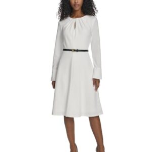 Calvin Klein Women’s Long Sleeve Keyhole Neck Belted Scuba Crepe A-Line Knee Length Dress, Cream, 16