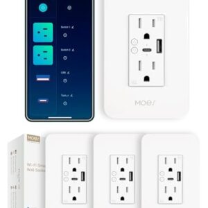 MOES Smart USB Wall Outlet Receptacle with Type-C & Type-A Charger, 2.4GHz Wi-Fi in-Wall Plug Socket 4 Pack, Remote Individual Control On/Off 15Amp, NO Hub Required
