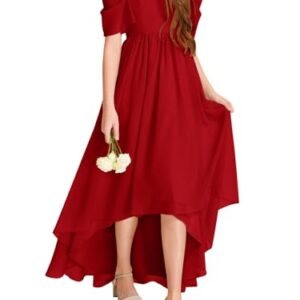 Haloumoning Girls Cold Shoulder Dress A-line Asymmetrical Chiffon Junior Bridesmaid Birthday Party Dress Red