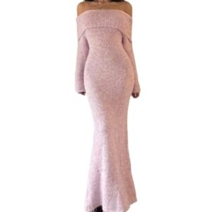 PJYLLND Sleeve Knit Sweater Long Dress Round Neck Women’s Fall Winter Fashion Casual Dress Pink