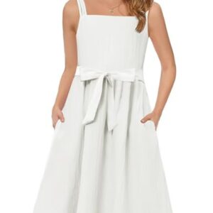 Arshiner Girls Cami Summer Sleeveless Bow Tie Casual Sundress with Pockets for 10-11 Years White