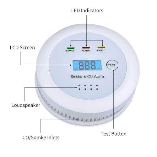 2 in1 Smoke Detector Carbon Monoxide Detector Combo,with LCD Digital Display and Sound Warning Test Button,Battery Powered,Easy Installation, for Home, Bedroom, Kitchen (1PACK) - Image 3