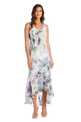 R&M Richards Women's Elegant Floral High-Low Chiffon Dress W/ 3/4 Sleeve Sheer Cropped Bolero | Daytime Whimsical Sundress Blue/Lavender - Image 3
