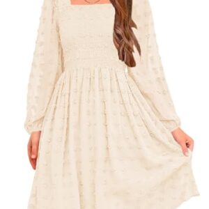 HOSIKA Girls Long Sleeve Dress Swiss Dot Square Neck Smocked Fall Dresses with Pockets 12-13 Years Apricot