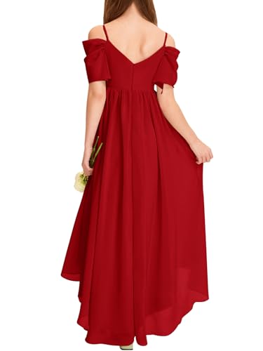 Haloumoning Girls Cold Shoulder Dress A-line Asymmetrical Chiffon Junior Bridesmaid Birthday Party Dress Red - Image 2