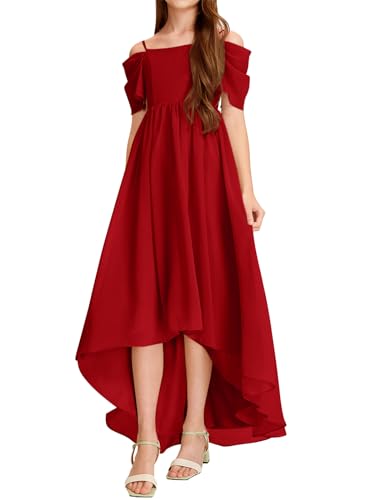 Haloumoning Girls Cold Shoulder Dress A-line Asymmetrical Chiffon Junior Bridesmaid Birthday Party Dress Red - Image 3
