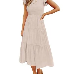ZESICA Women\’s 2025 Summer Casual Flutter Short Sleeve Crew Neck Smocked Elastic Waist Tiered Midi Dress,Apricot,Medium
