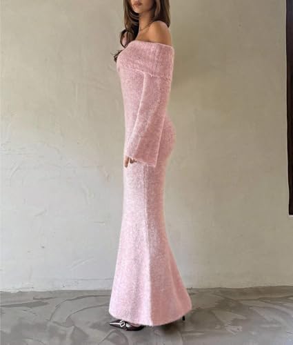 PJYLLND Sleeve Knit Sweater Long Dress Round Neck Women's Fall Winter Fashion Casual Dress Pink - Image 5