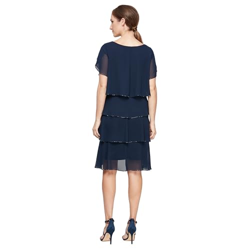 S.L. Fashions Women's Short Tulip Sleeve Tiered Chiffon Cocktail Dress, Wedding Guest Gown (Petite and Regular Sizes), Navy Beaded Trim Petite, 8P - Image 2