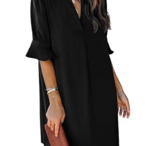 QACOHU Summer Dresses for Women 2026 Casual Ruffle Short Sleeve V-Neck Flowy Swing Shift Dress Black L