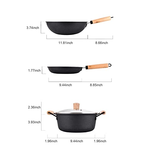 3PCS Cookware Set Wok Frying Pan Saucepan with Lid Pots Pans Set Maifan Stone Nonstick Egg Pan Cooking Tools - Image 2